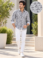 Modern Gray Tropical Print Slim-Fit Men's Button-Down Shirt - Image 2