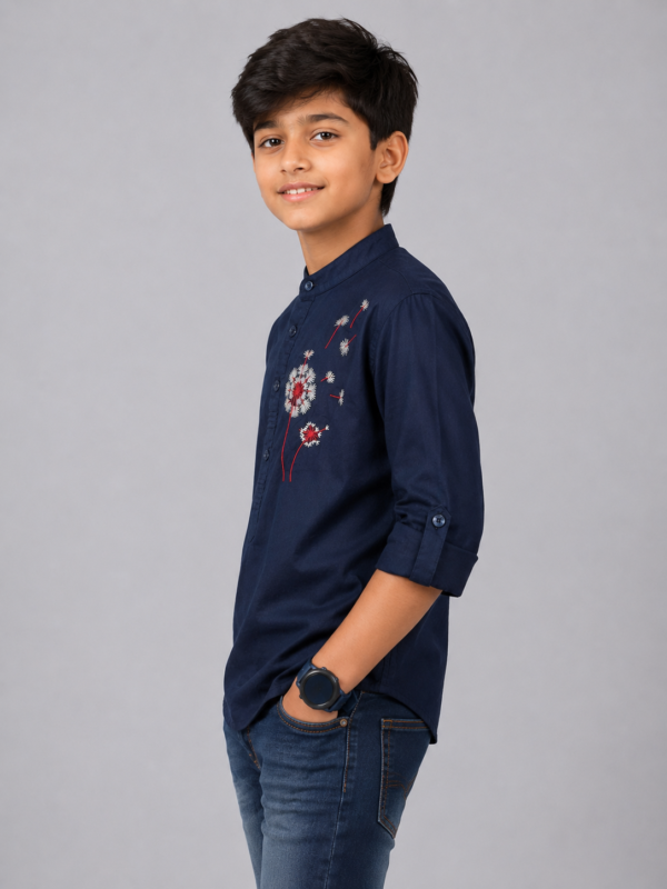 Boys' Navy Blue Dandelion Embroidered Mandarin Collar Kurta Shirt - Image 2