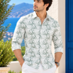 Coastal Sage Floral Print Men's Linen-Blend Long Sleeve Shirt