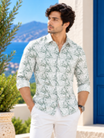 Coastal Sage Floral Print Men's Linen-Blend Long Sleeve Shirt