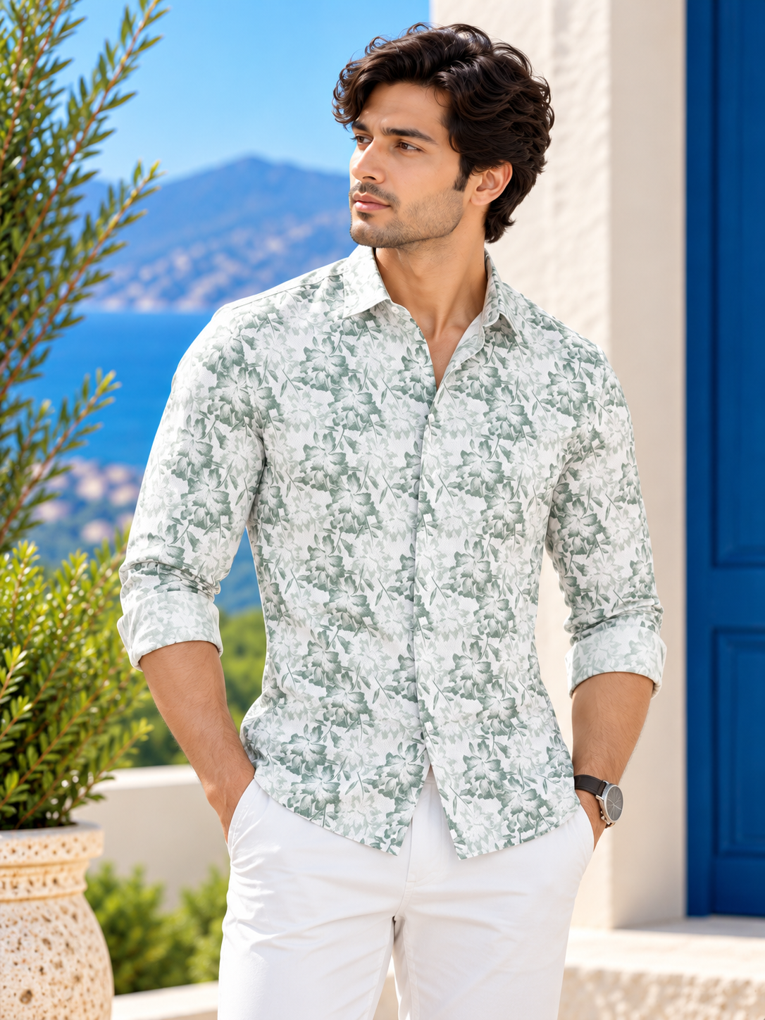 1f5d7c28-b01e-42c1-bad2-ae650997cab5 Coastal Sage Floral Print Men's Linen-Blend Long Sleeve Shirt - Image 1