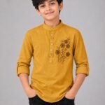 Mustard Yellow Embroidered Mandarin Collar Boys Kurta Shirt