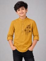 Mustard Yellow Embroidered Mandarin Collar Boys Kurta Shirt