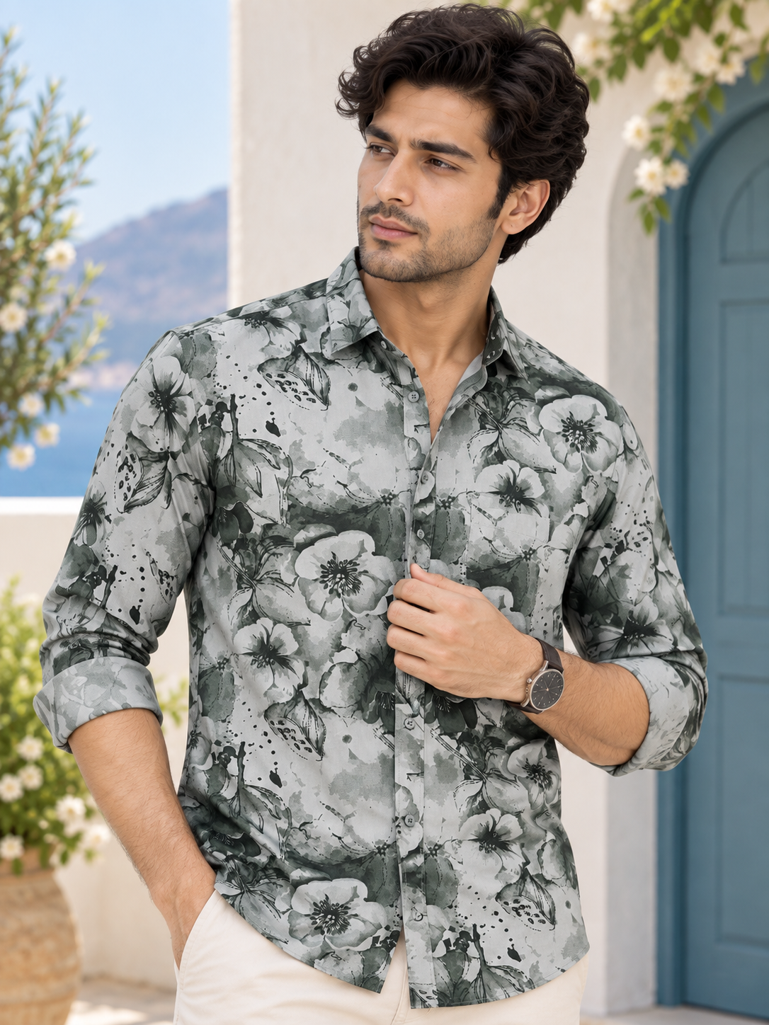 26082530-ae6c-489c-b232-dedab782da99 Coastal Bloom Men's Sage Floral Print Casual Shirt - Image 1