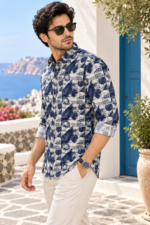 Mediterranean Geo-Print Men's Long-Sleeve Resort Shirt - Image 2