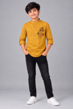 Mustard Yellow Embroidered Mandarin Collar Boys Kurta Shirt - Image 2