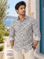 Men's Abstract Mosaic Print Long-Sleeve Shirt - Premium Casual Wear