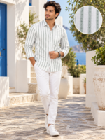 Sage Green Striped Linen-Blend Long Sleeve Shirt - Image 2