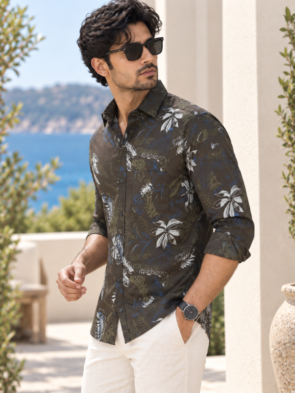 Men's Olive Botanical Print Long-Sleeve Resort Shirt - Image 2