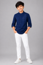 Boys' Navy Blue Embroidered Mandarin Collar Kurta Shirt - Image 2