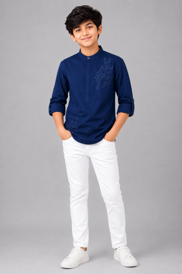Boys' Navy Blue Embroidered Mandarin Collar Kurta Shirt - Image 2