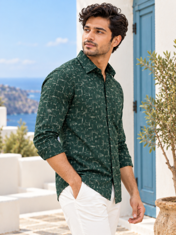Men's Forest Green Abstract Print Cotton Button-Down Shirt - Image 3