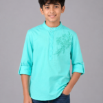 Boys' Turquoise Embroidered Mandarin Collar Kurta Shirt
