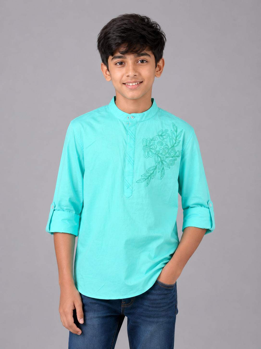 394b3655-e044-4774-b3ce-3ed855109f9e Boys' Turquoise Embroidered Mandarin Collar Kurta Shirt - Image 1