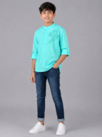 Boys' Turquoise Embroidered Mandarin Collar Kurta Shirt - Image 3