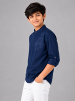 Boys' Navy Blue Embroidered Mandarin Collar Kurta Shirt - Image 4