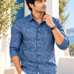 Mediterranean Wave Print Men's Casual Long Sleeve Shirt