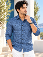 Mediterranean Wave Print Men's Casual Long Sleeve Shirt