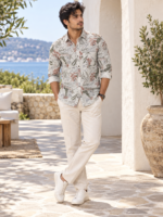 Men's Tropical Leaf Print Long-Sleeve Linen-Blend Shirt - Image 3