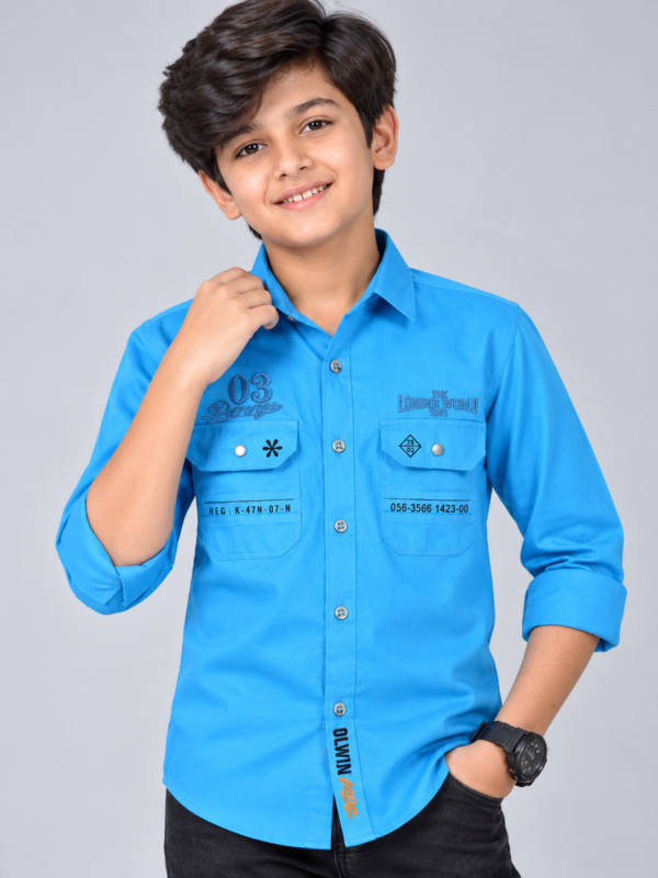 Boys Vibrant Blue Utility Shirt with Graphic Detailing - Image 3