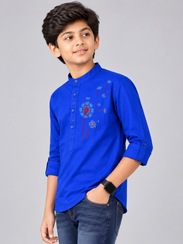 Boys Royal Blue Embroidered Mandarin Collar Kurta Shirt - Image 3