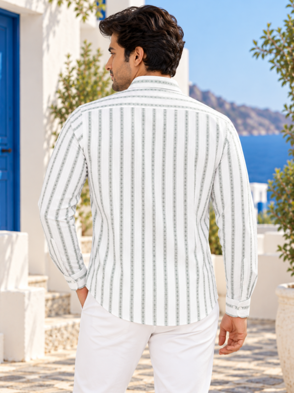 Sage Green Striped Linen-Blend Long Sleeve Shirt - Image 4