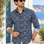 Coastal Blue Botanical Print Long-Sleeve Men's Shirt