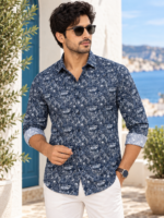 Coastal Blue Botanical Print Long-Sleeve Men's Shirt