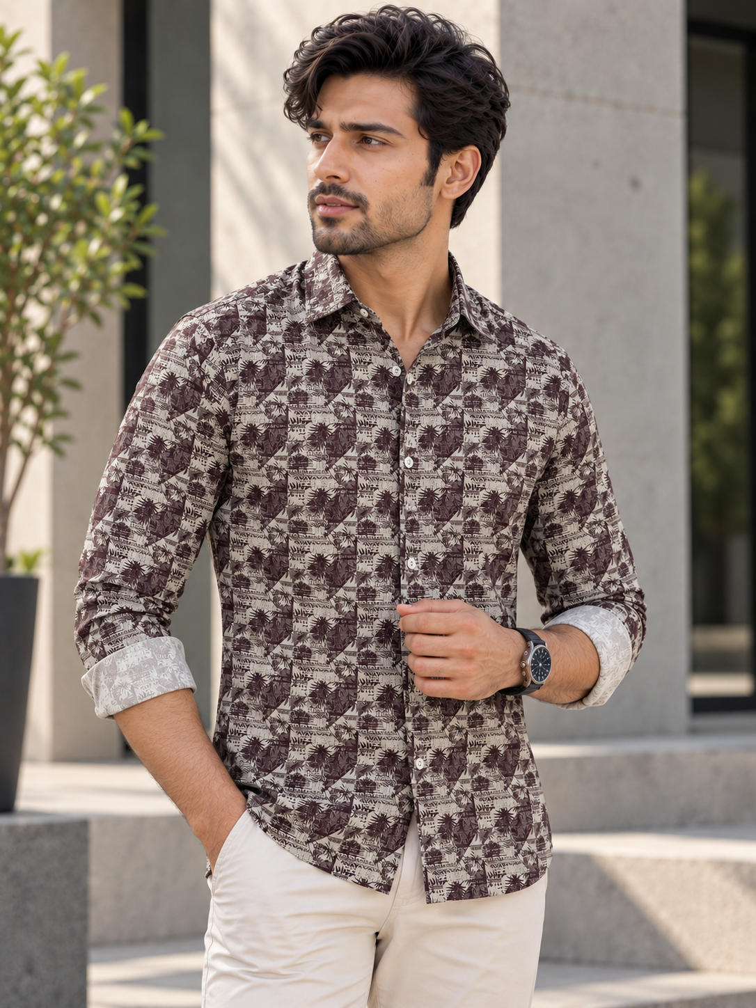 5683da13-5870-4a70-8d7f-9f67acfe7f8e Modern Earth-Tone Geometric Print Long Sleeve Shirt - Image 1