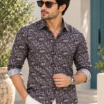Men's Espresso Botanical Print Long-Sleeve Button-Down Shirt
