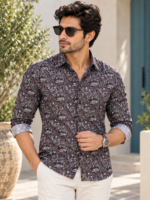 Men's Espresso Botanical Print Long-Sleeve Button-Down Shirt