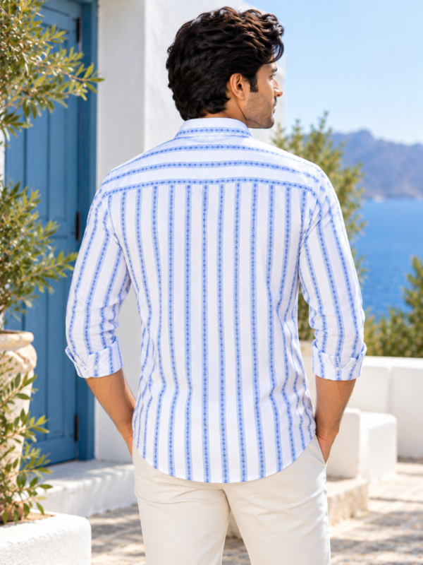 Men's Blue and White Striped Cotton Resort Shirt - Image 4