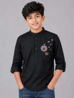 Boys Black Dandelion Embroidered Mandarin Collar Kurta Shirt - Image 2