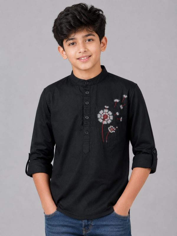 Boys Black Dandelion Embroidered Mandarin Collar Kurta Shirt - Image 2