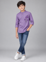 Boys' Purple Mandarin Collar Embroidered Kurta Shirt - Image 3