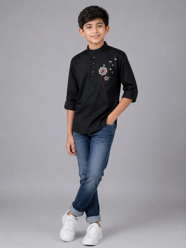 Boys Black Dandelion Embroidered Mandarin Collar Kurta Shirt - Image 4