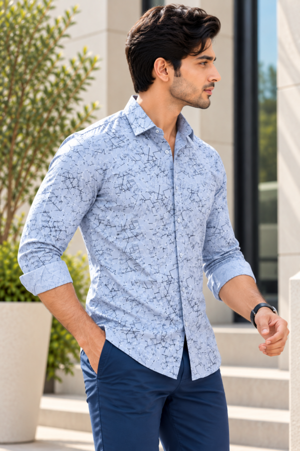 Modern Sky Blue Geometric Print Button-Down Shirt - Image 3