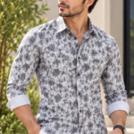 Modern Gray Tropical Print Slim-Fit Men's Button-Down Shirt