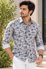 Modern Gray Tropical Print Slim-Fit Men's Button-Down Shirt