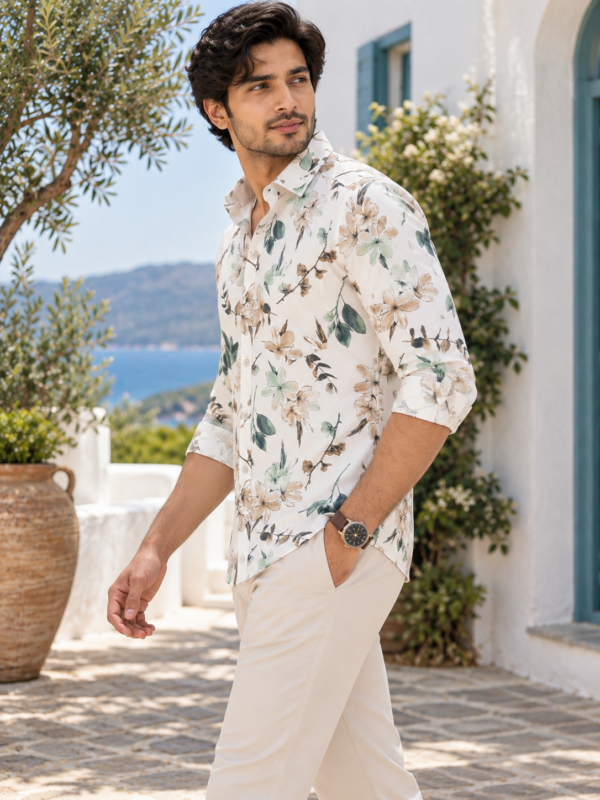 Men's Mediterranean Floral Print Long-Sleeve Shirt - Off-White - Image 2