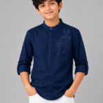Boys' Navy Blue Embroidered Mandarin Collar Kurta Shirt