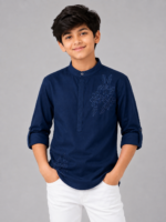 Boys' Navy Blue Embroidered Mandarin Collar Kurta Shirt