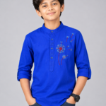 Boys Royal Blue Embroidered Mandarin Collar Kurta Shirt