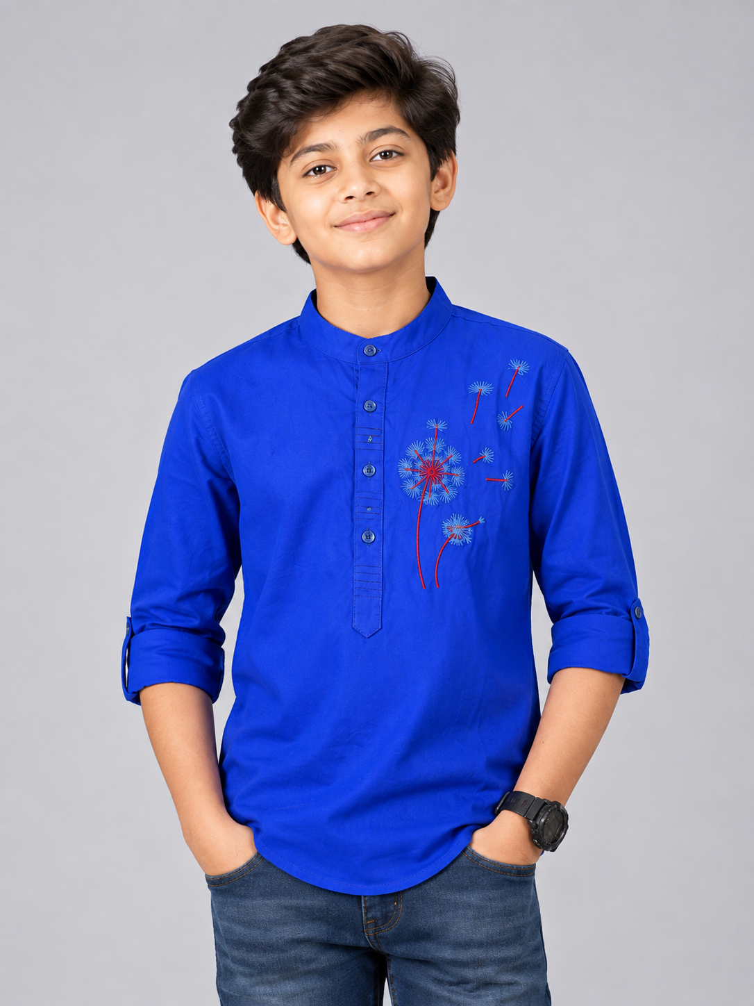 71f57fbb-8303-4b9f-b051-db242c575ab3 Boys Royal Blue Embroidered Mandarin Collar Kurta Shirt - Image 1