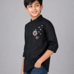 Boys Black Dandelion Embroidered Mandarin Collar Kurta Shirt