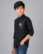 Boys Black Dandelion Embroidered Mandarin Collar Kurta Shirt