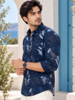 Midnight Tropics Leaf Print Long Sleeve Cotton Shirt - Image 2