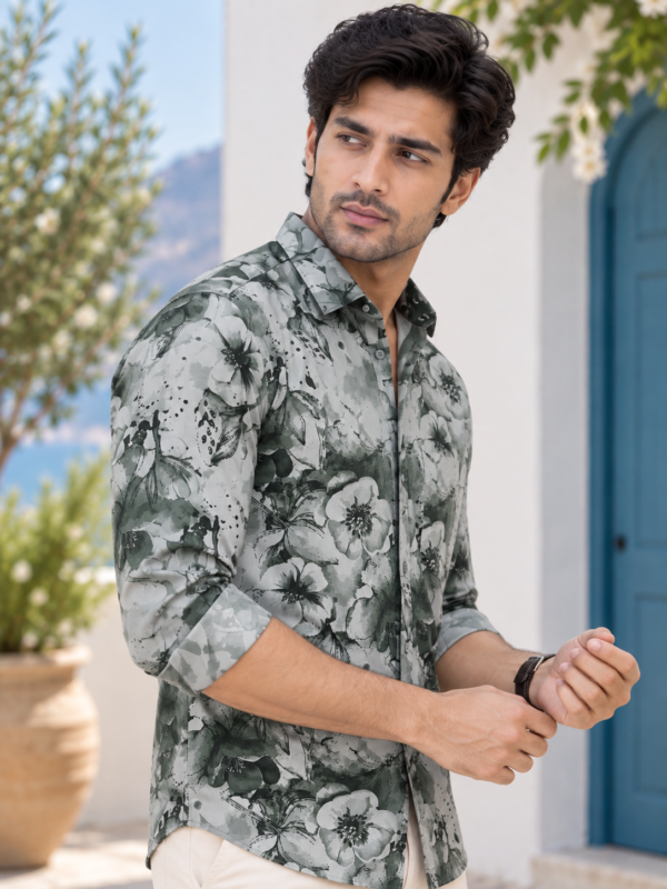 Coastal Bloom Men's Sage Floral Print Casual Shirt - Image 2