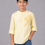 Boys Pastel Yellow Embroidered Mandarin Collar Kurta