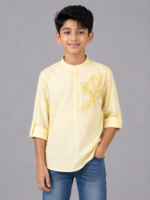 Boys Pastel Yellow Embroidered Mandarin Collar Kurta